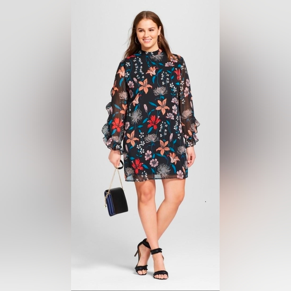 Who What Wear Black Floral Mini Dress with Ruffled Sheer Sleeves